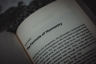 An open book displaying text, with a focus on the title, 'The Formula of Humanity.' The page is part of a chapter, with surrounding text visible in smaller font. The background is blurry, emphasizing the text.