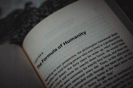 An open book displaying text, with a focus on the title, 'The Formula of Humanity.' The page is part of a chapter, with surrounding text visible in smaller font. The background is blurry, emphasizing the text.
