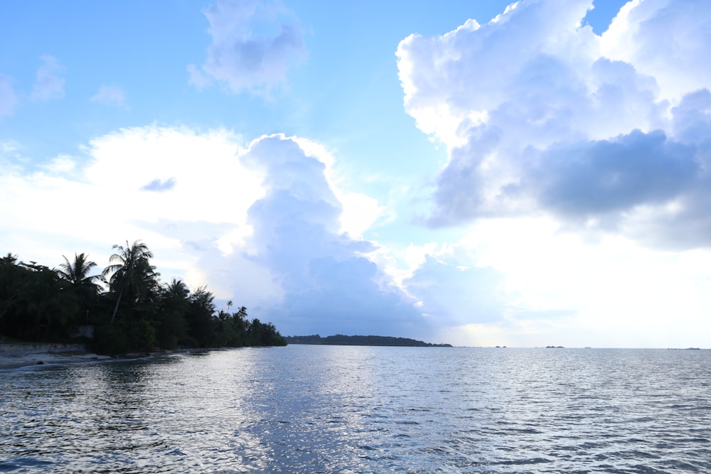 a body of water surrounded by trees and clouds