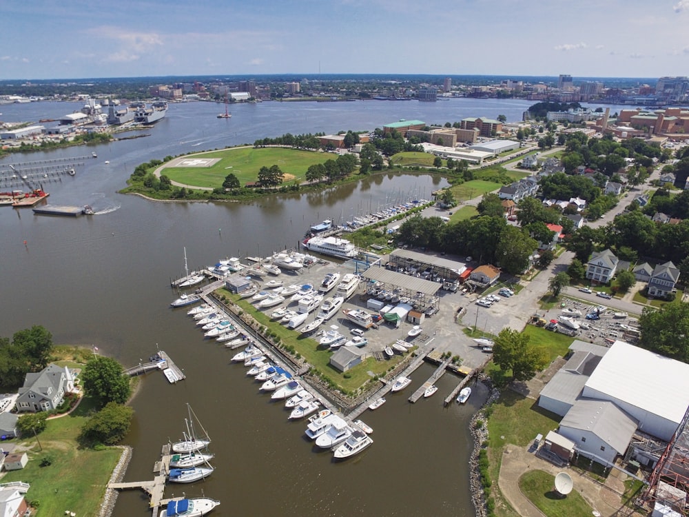 an aerial view of a marina with boats docked