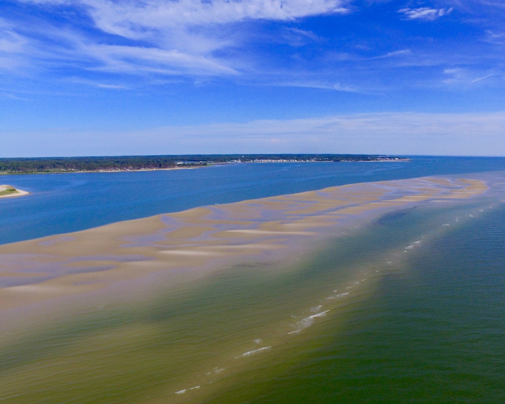 an aerial view of a large body of water