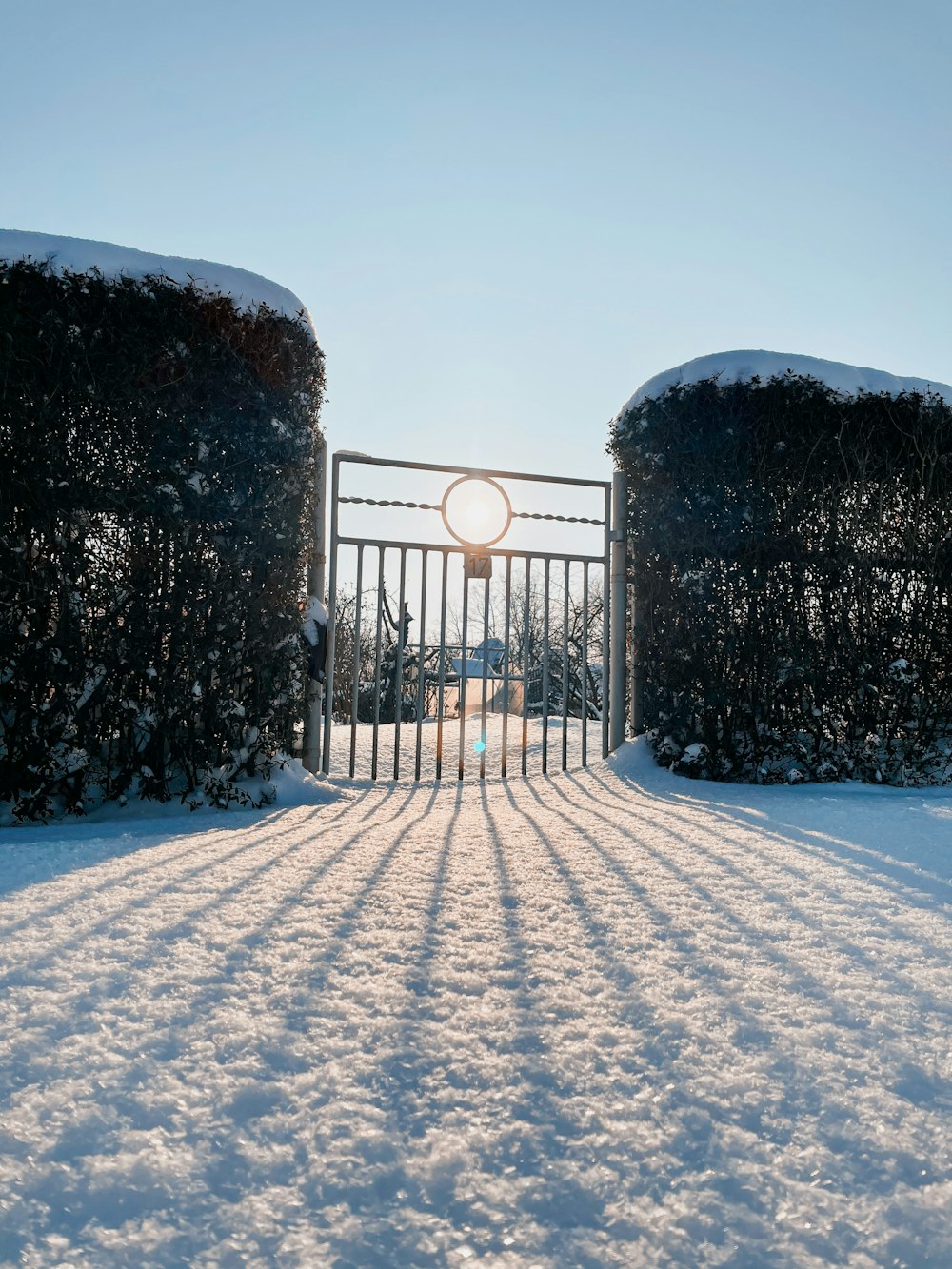 un camino cubierto de nieve con una puerta en el medio