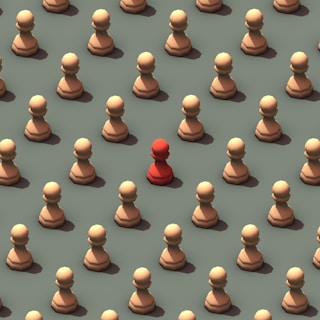 Un pion rouge au milieu de pions blancs