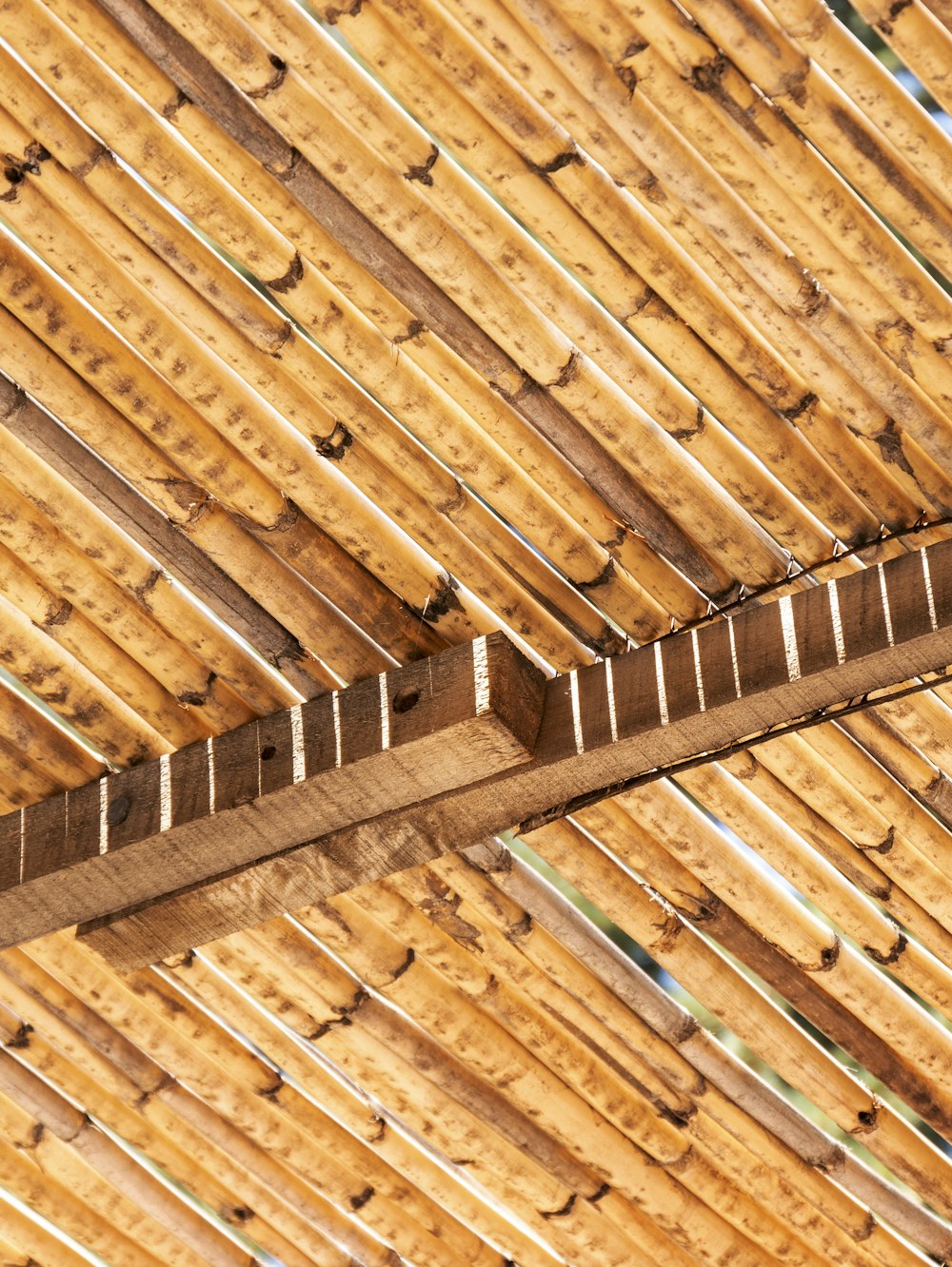a close up of a roof made of wood planks