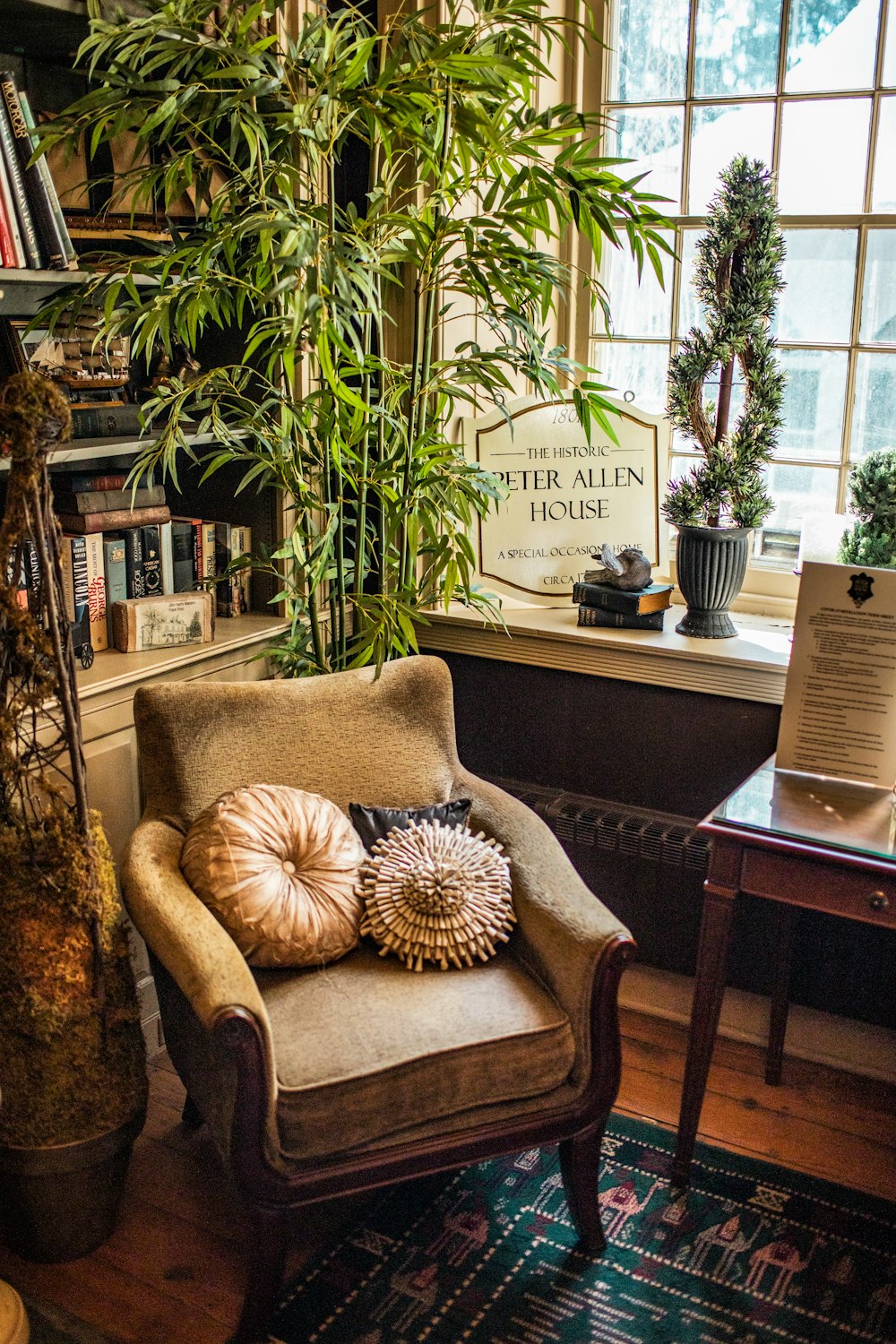 a chair sitting in front of a window next to a potted plant