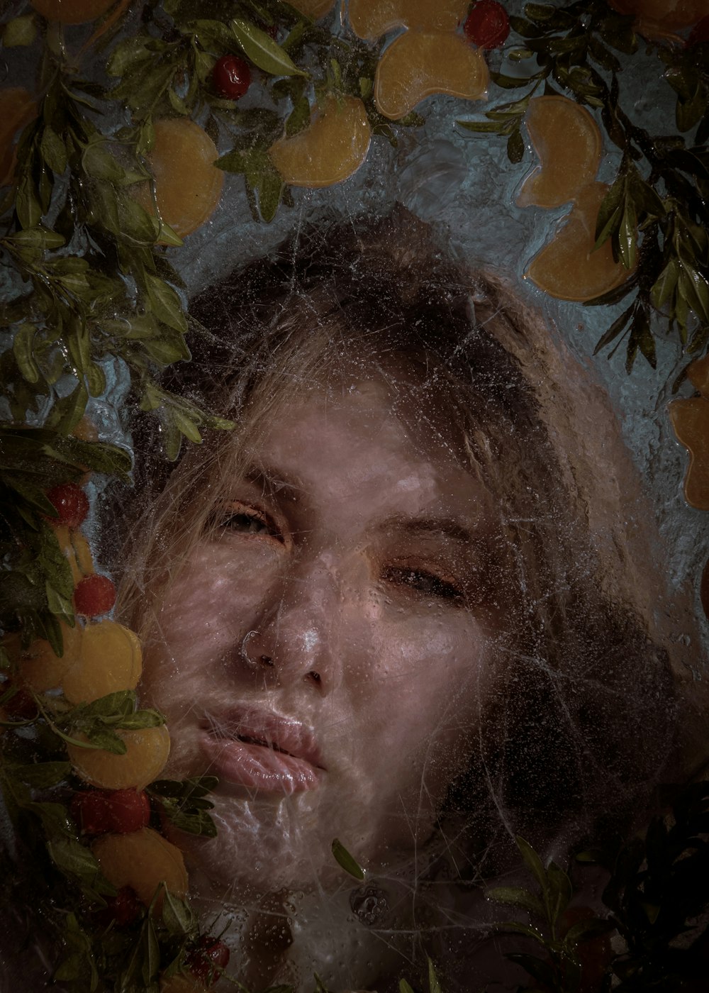 a woman's face surrounded by oranges and leaves