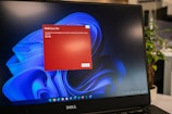 a dell laptop computer with a red screen