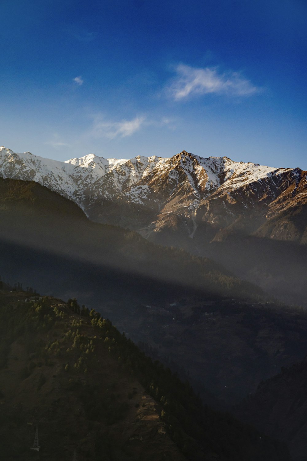 a view of a snow covered mountain range