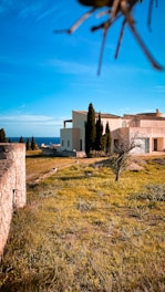 A modern beige house with flat roofs and multiple sections is surrounded by a grassy field with sparse greenery. Tall cypress trees line the property, and a stone wall runs along the left side leading toward the ocean visible in the background. The sky is clear blue, creating a serene and peaceful setting.