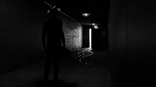 Home hallway with Shockfog device activating as a shadowy figure approaches.