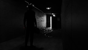 A shadowy figure exchanging envelopes in a dimly lit government office.