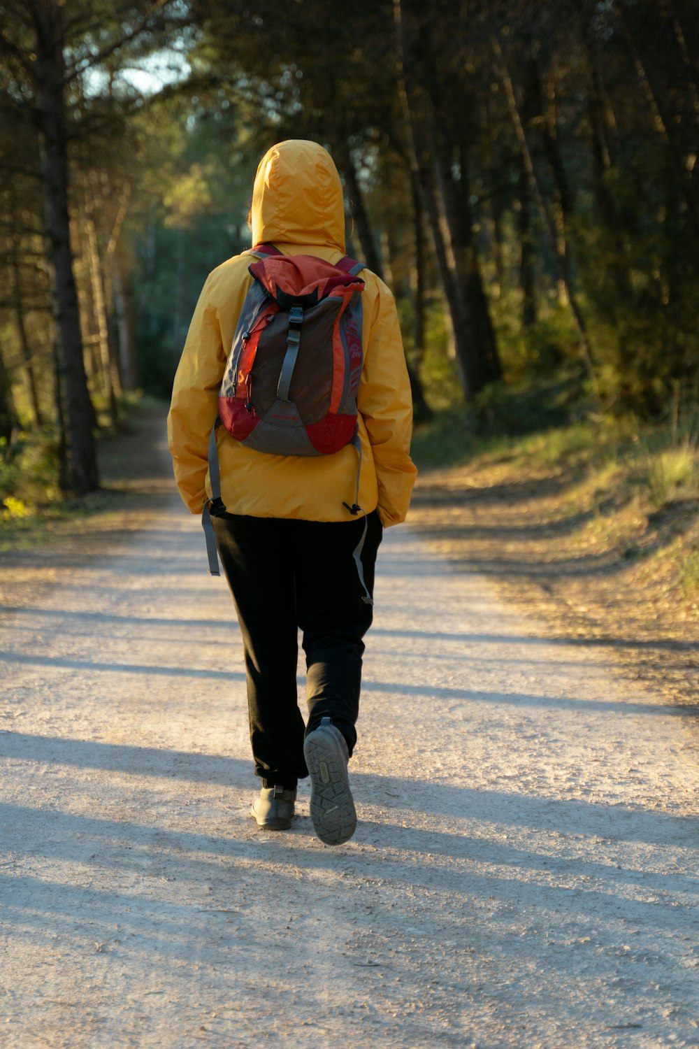 a person with a backpack walking down a road