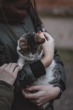 a woman holding a cat in her arms