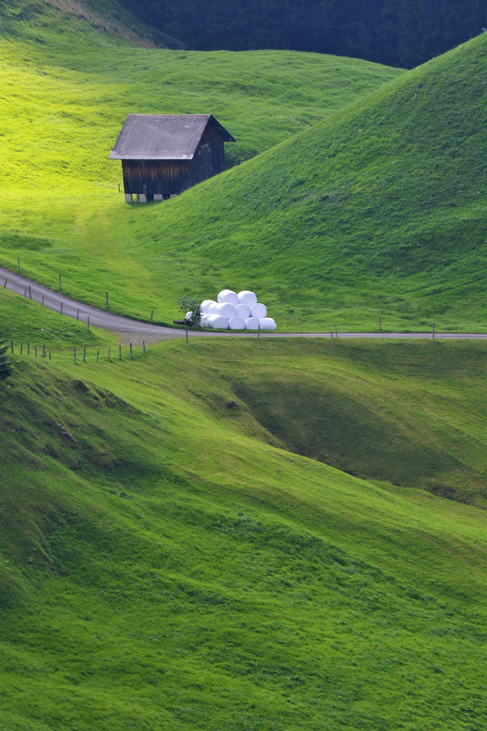 a green field with a barn and a road