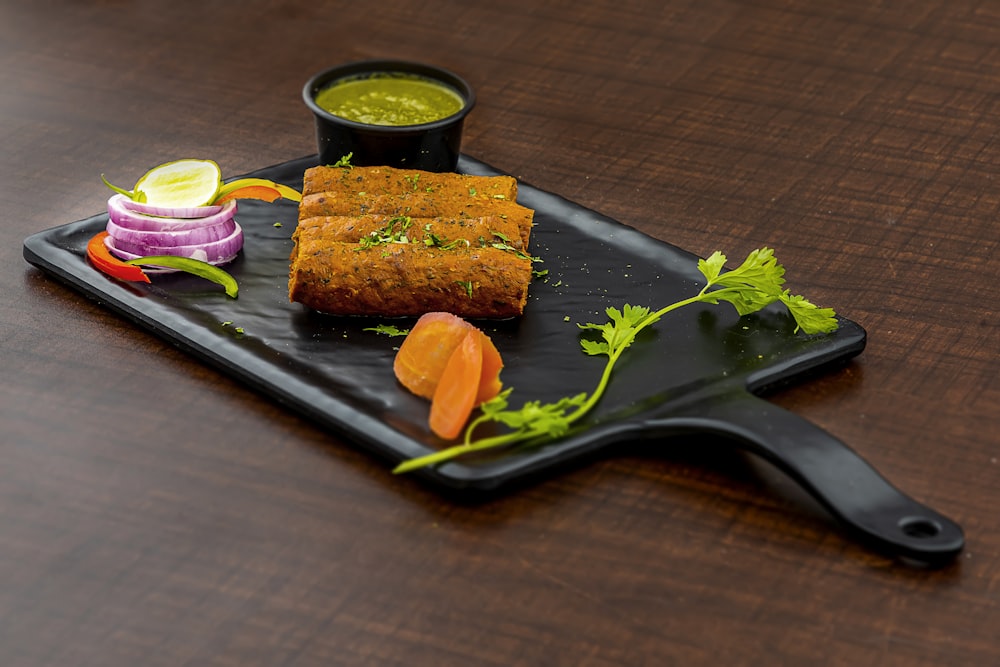 a plate of food on a wooden table