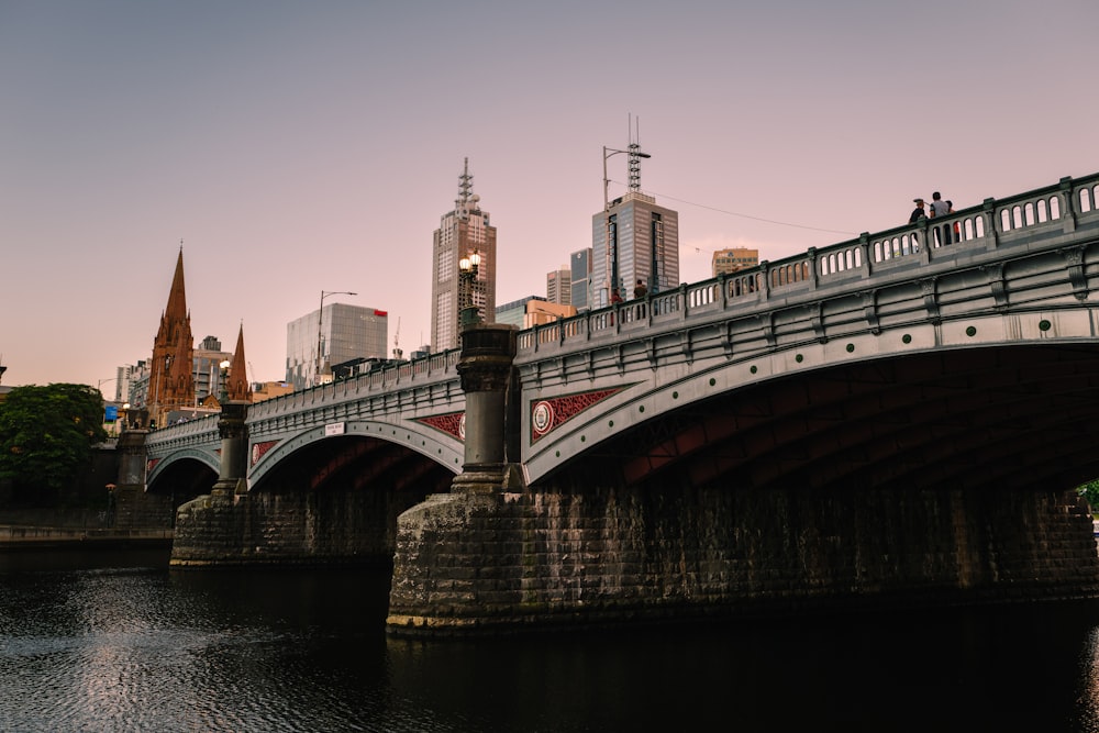 a bridge over a body of water with a city in the background