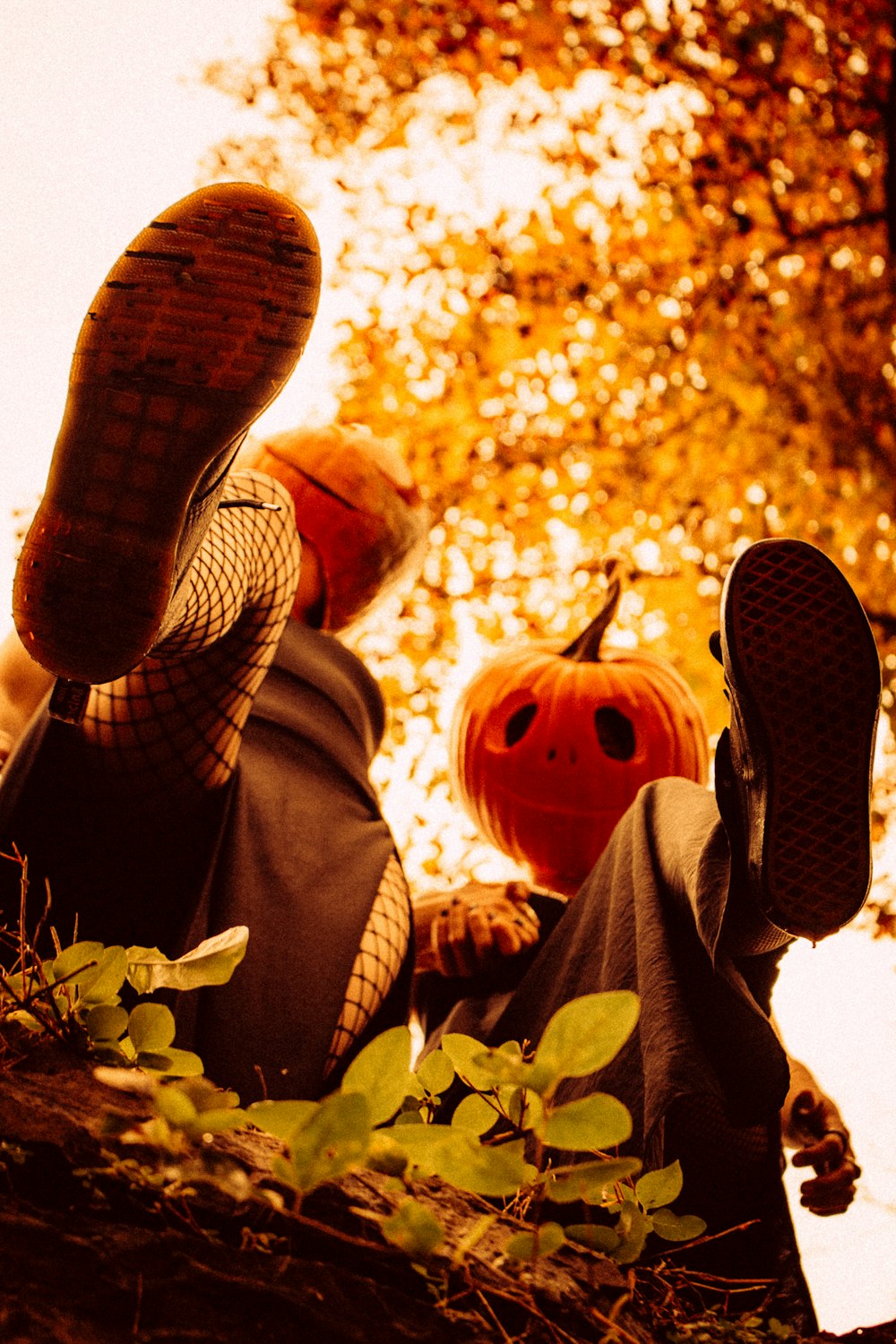 a person laying on the ground next to a pumpkin