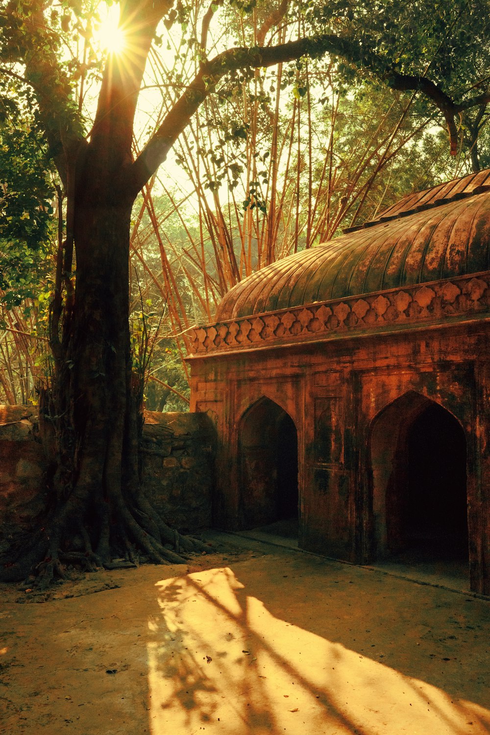 an old building with a tree in the background