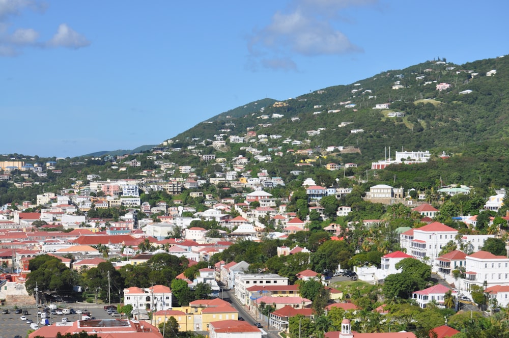 a view of a city with a mountain in the background