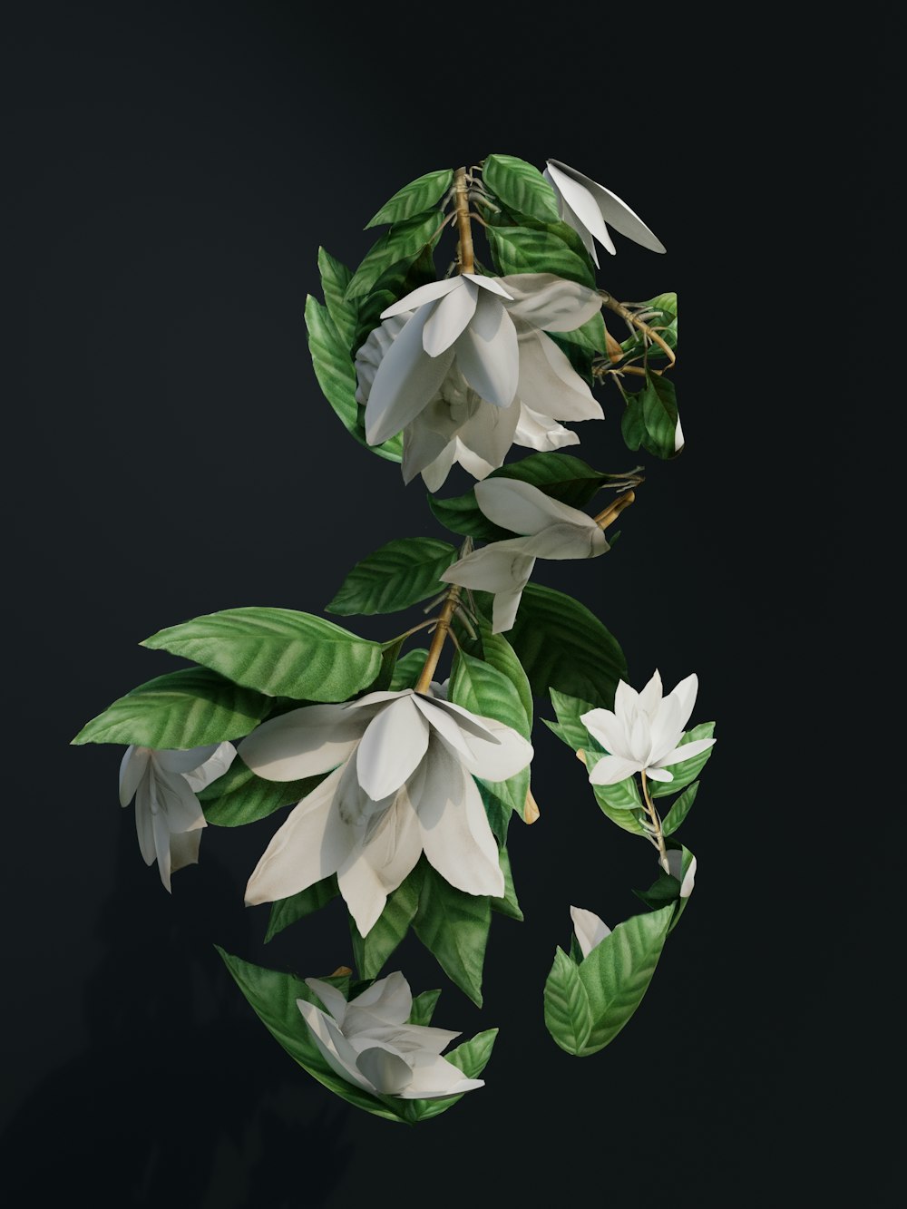 a branch with white flowers and green leaves