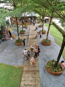 Wide view of green gardens with wooden benches and rustic pathways.