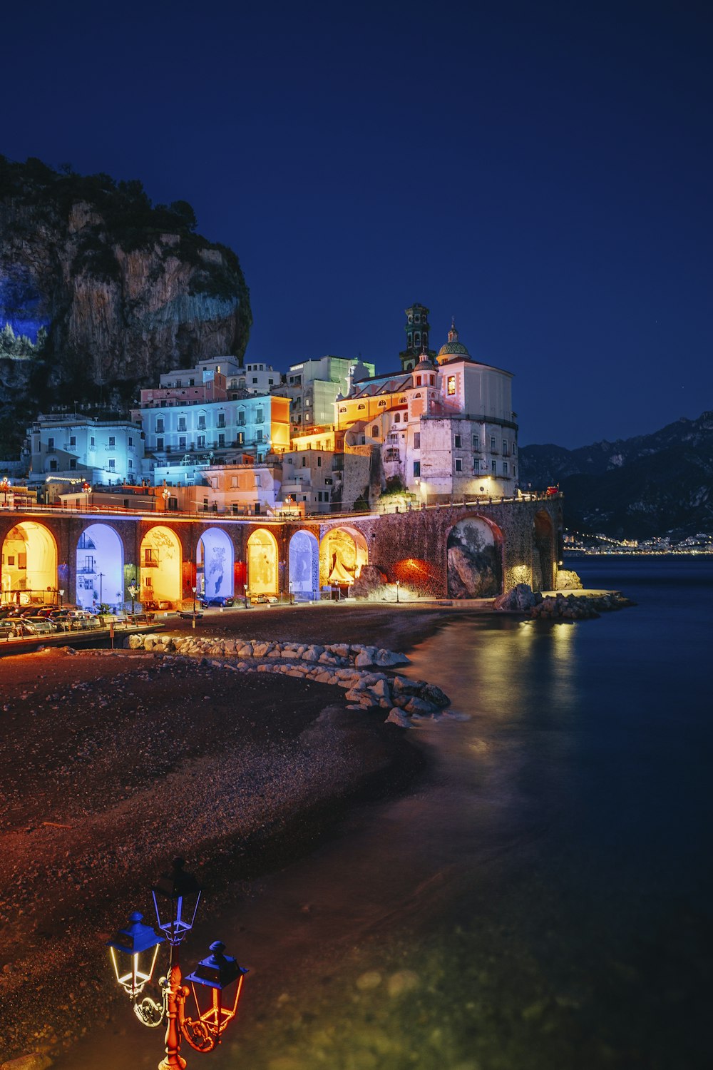 a night view of a city lit up with lights