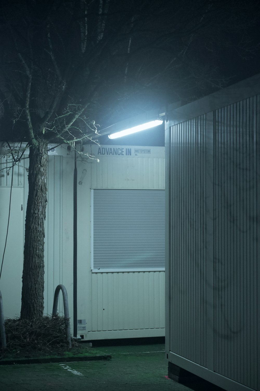 a white building with a tree and a street light