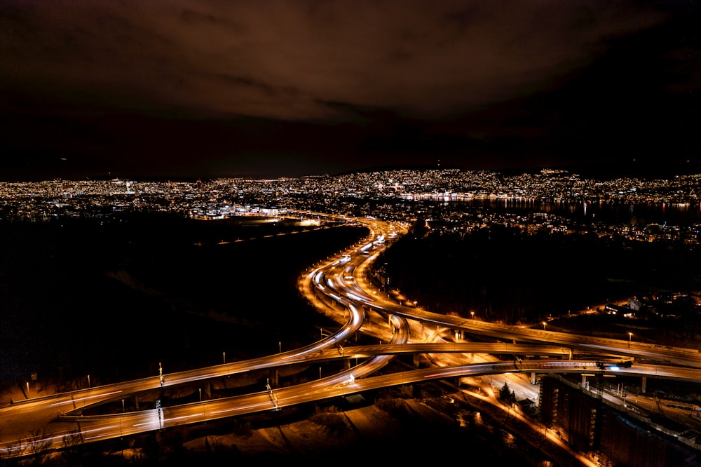 an aerial view of a city at night