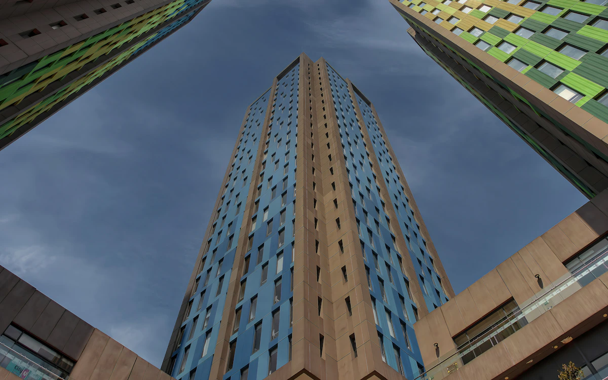 Colourful modern architecture viewed from below in Bogotá