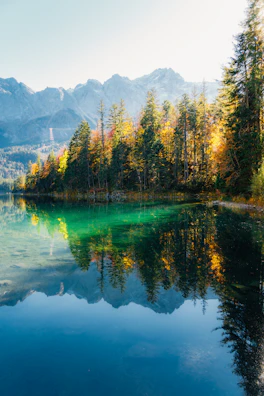 A serene mountain lake reflecting soft morning light with vibrant autumn trees around.