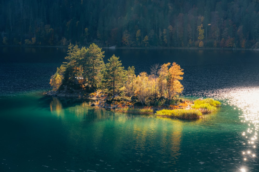 a small island in the middle of a lake