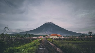 a dirt road in front of a mountain under a cloudy sky