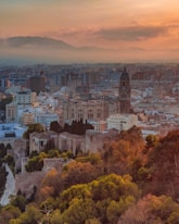 a view of a city with tall buildings and a clock tower