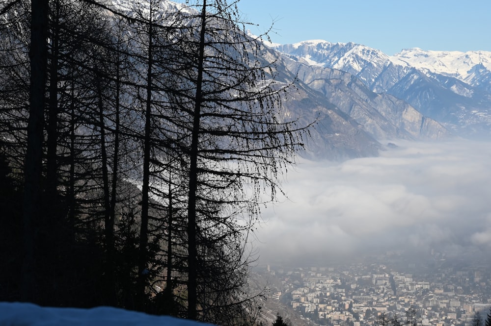 a view of a city below a mountain covered in snow