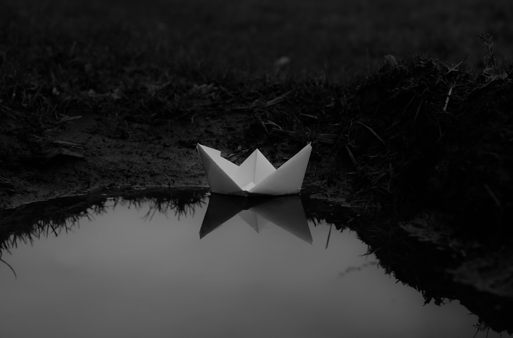 a paper boat floating on top of a body of water