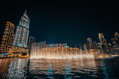 The Dubai Fountain performing on the Burj Khalifa Lake
