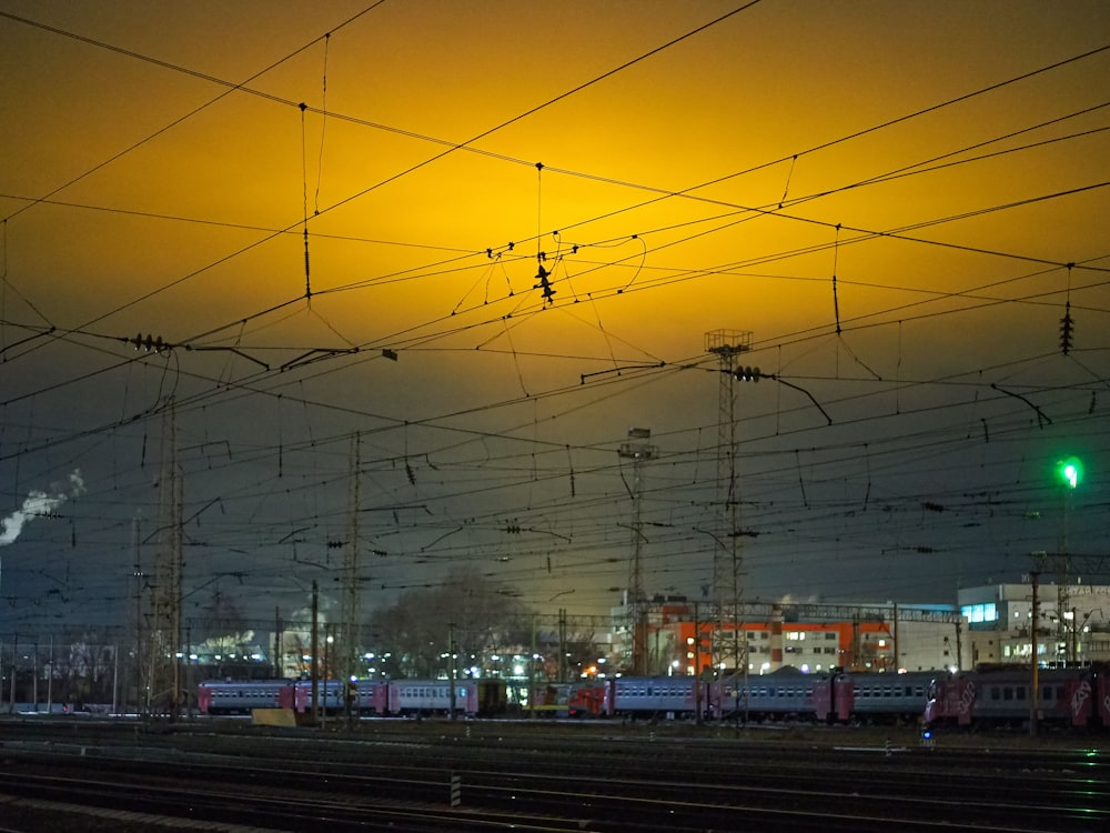 a view of a train station at night