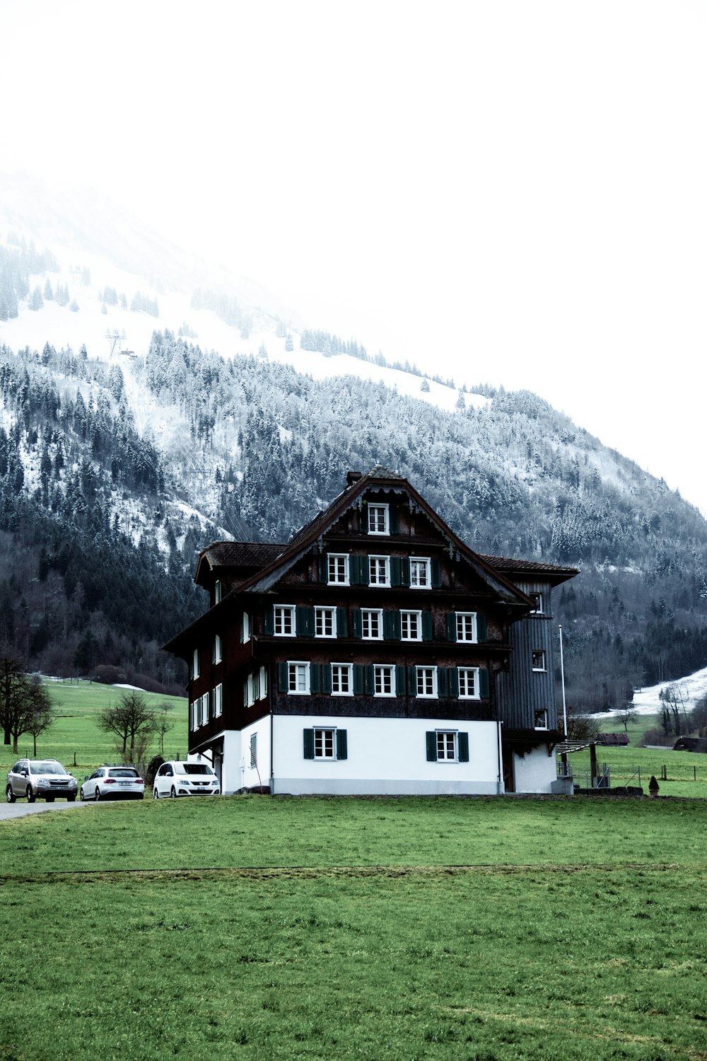 a black and white photo of a house in the mountains