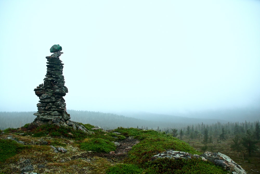 a stack of rocks sitting on top of a lush green hillside