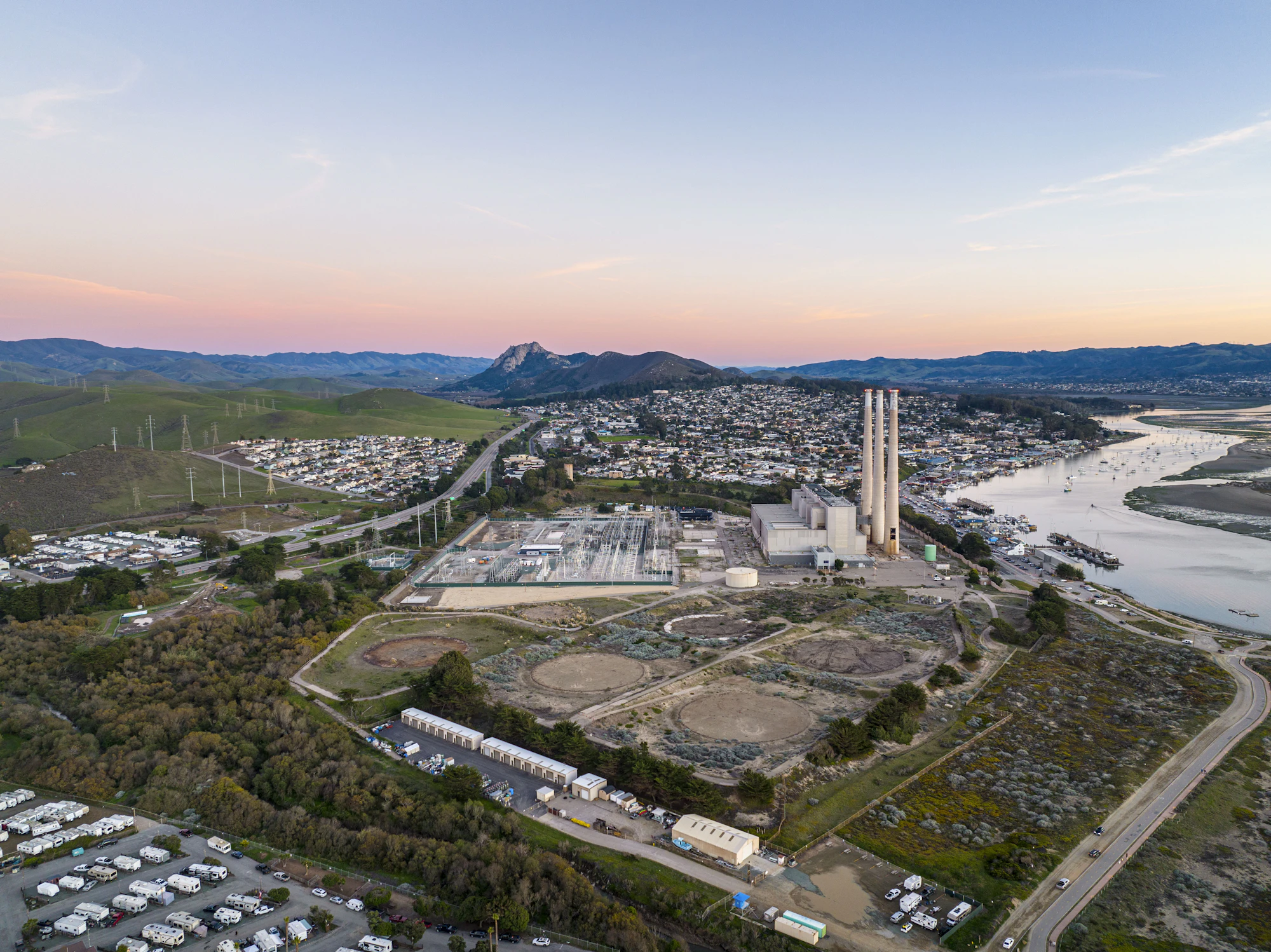 Aerial view of an industrial district where energy, transport and manufacturing sit side by side