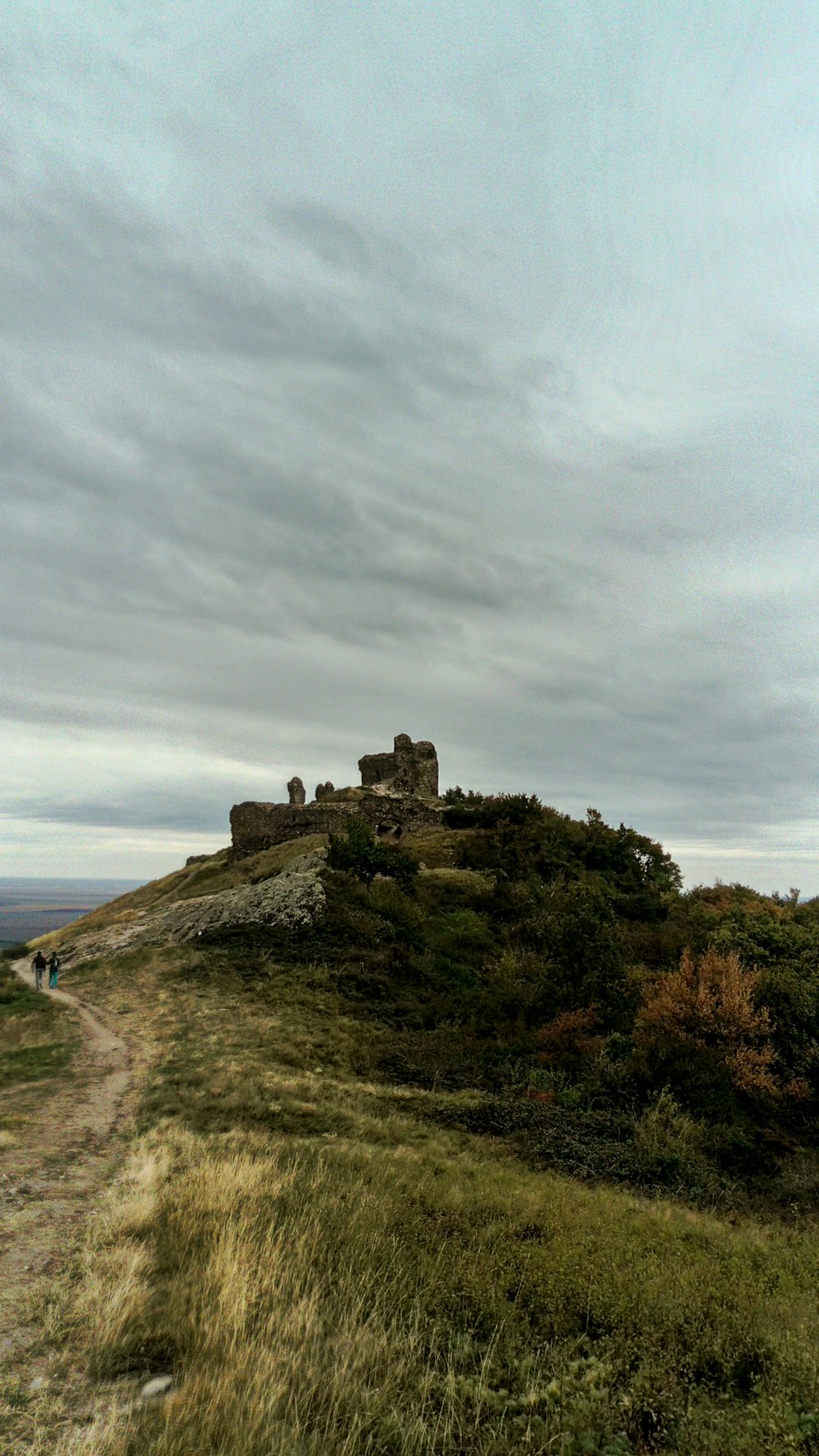 uma colina gramada com um castelo no topo dela