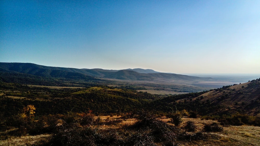 a view of a valley with mountains in the distance