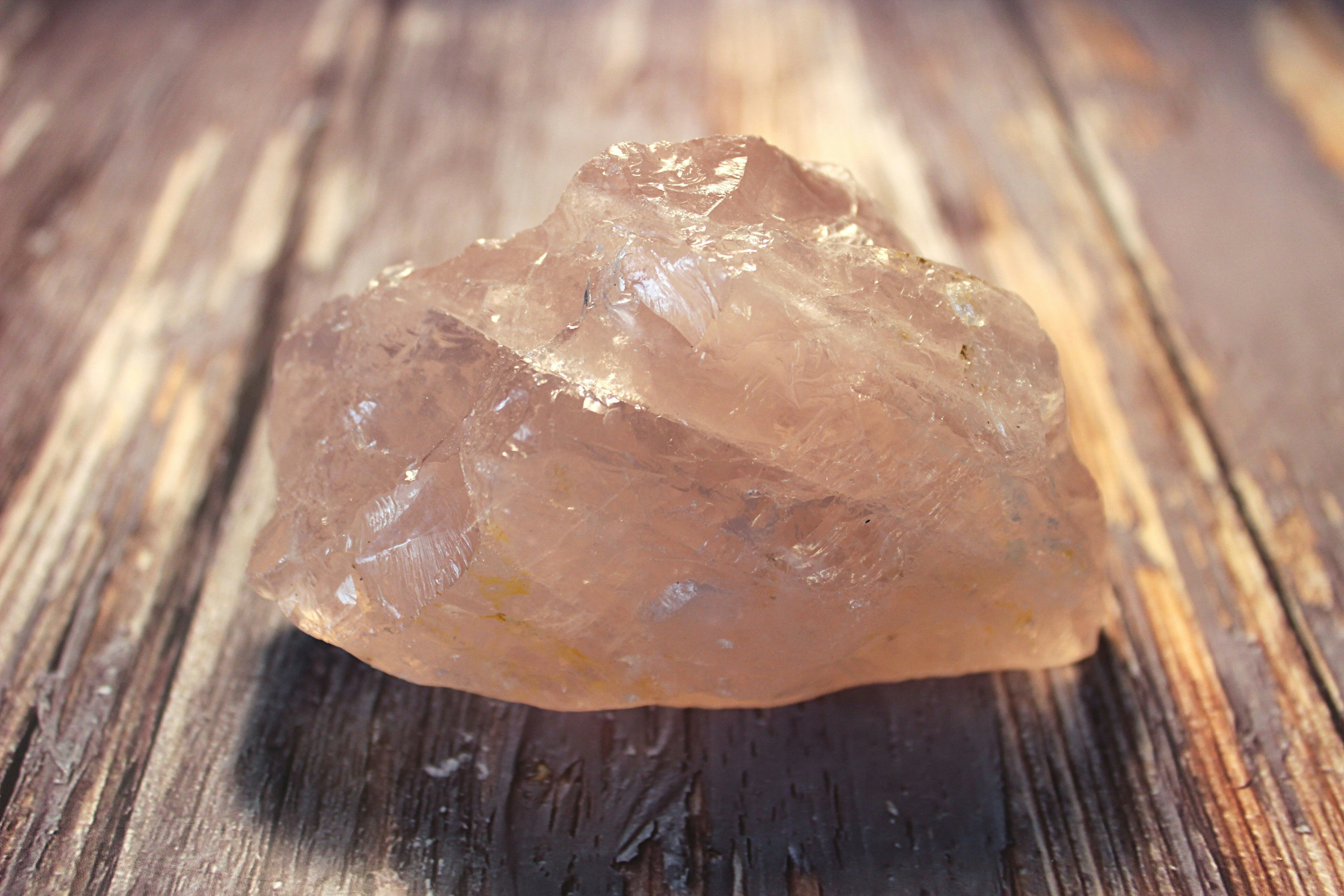 An up close shot of my raw rose quartz crystal.