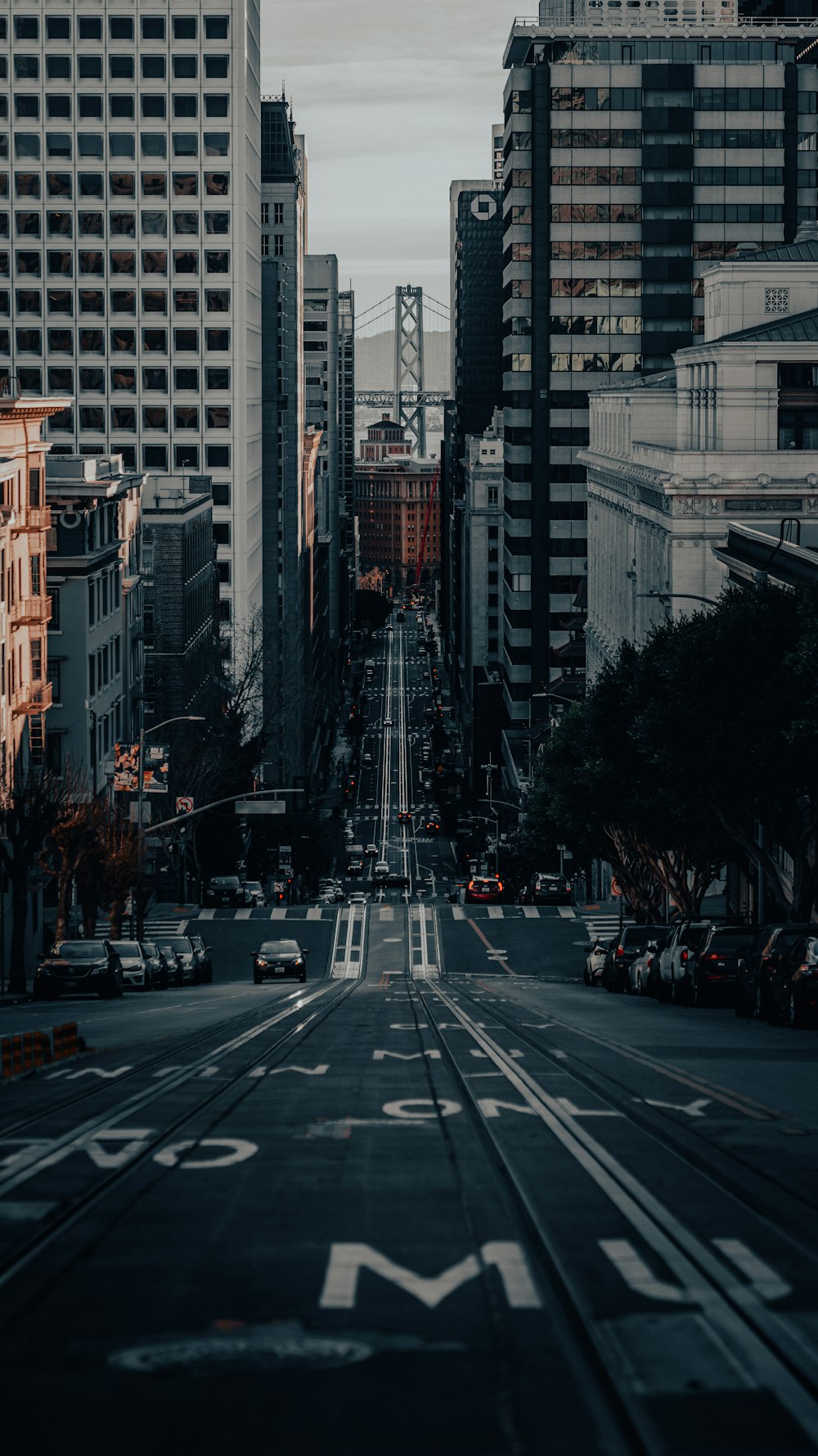 a city street with buildings and a sky line