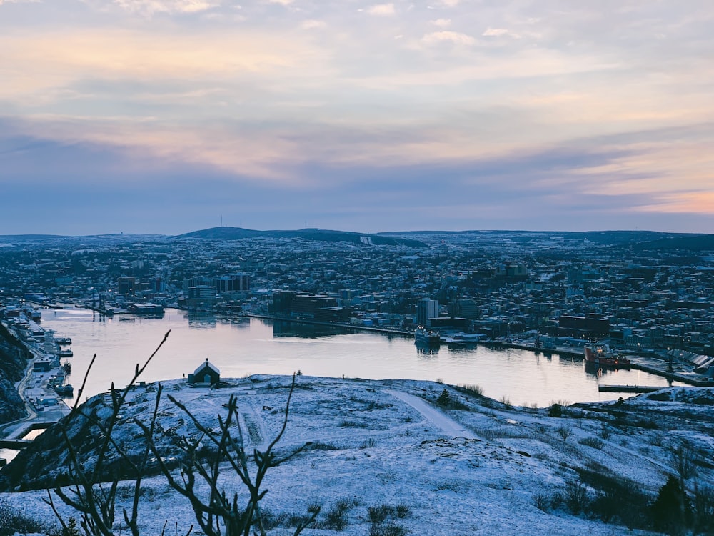 a view of a river and a city in the distance