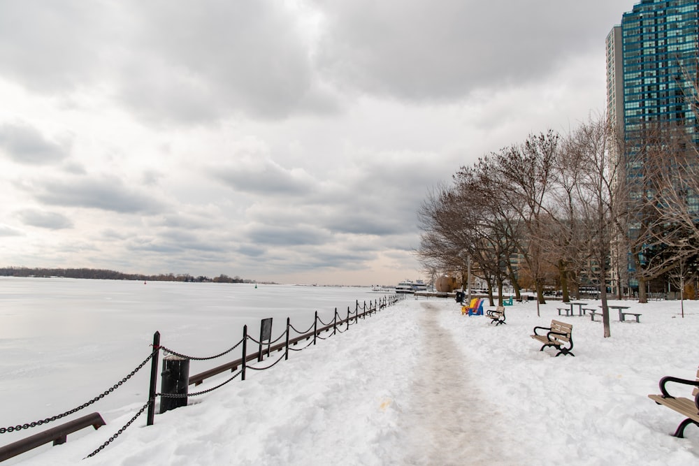 a snow covered park with benches next to a body of water