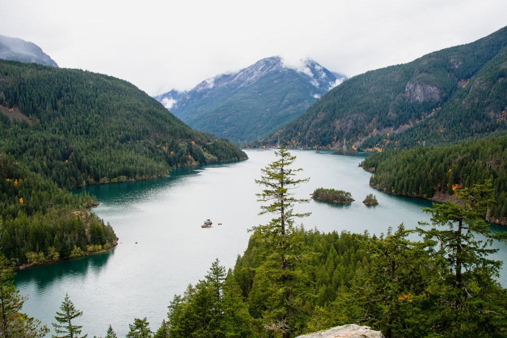 a large body of water surrounded by mountains