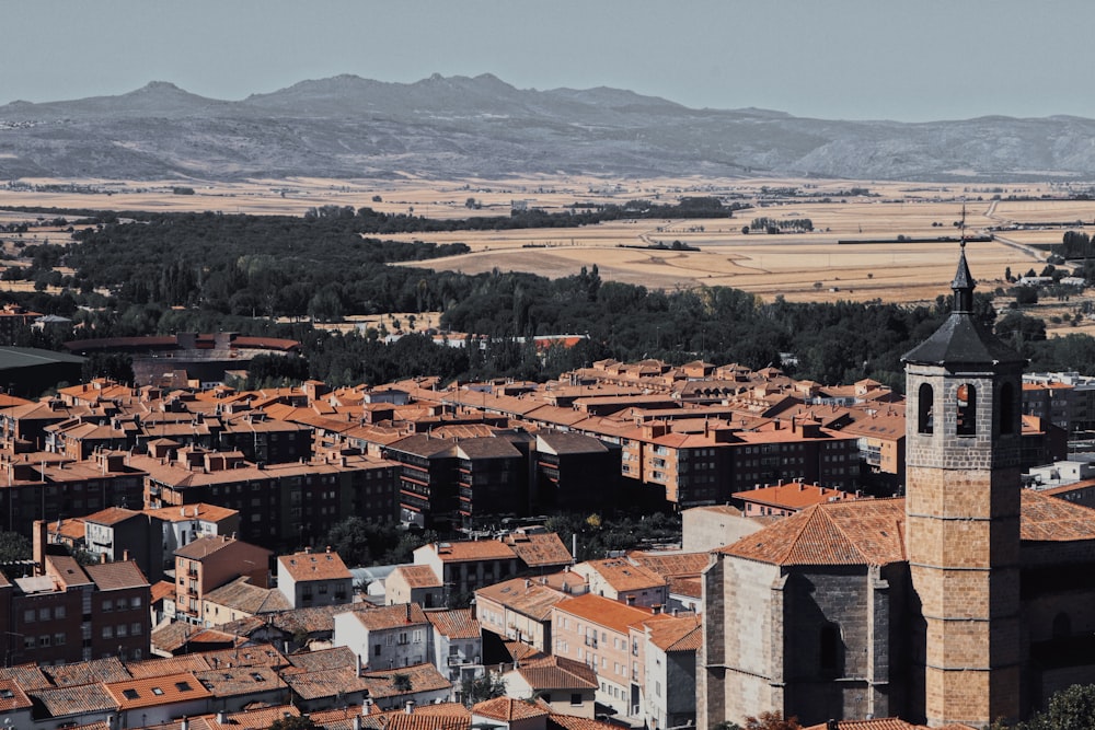 a view of a city with a mountain in the background