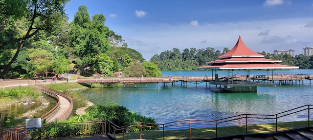 The red-roofed pavilion on the boardwalk at MacRitchie Reservoir surrounded by water and forest.