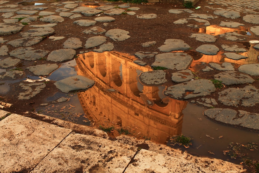 a reflection of a building in a puddle of water